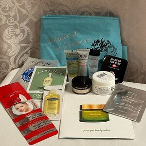 Lot of 12 New Skin Care Samples and L'Occitane Make Up Travel Bag